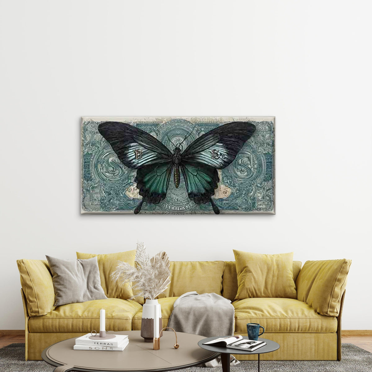 Butterfly Art Vintage Currency Wall Art Canvas Office Home Room Framed 120x60cm