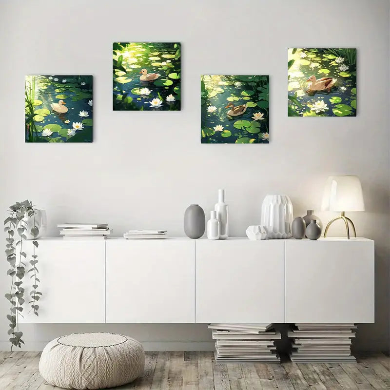 4pcs Lotus Pond Swimming Duckling Wall Art Canvas Framed