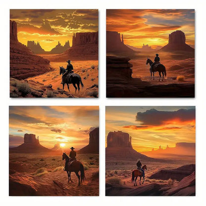 4pcs Cowboy Twilight Picture Artwork Wall Art Canvas Framed