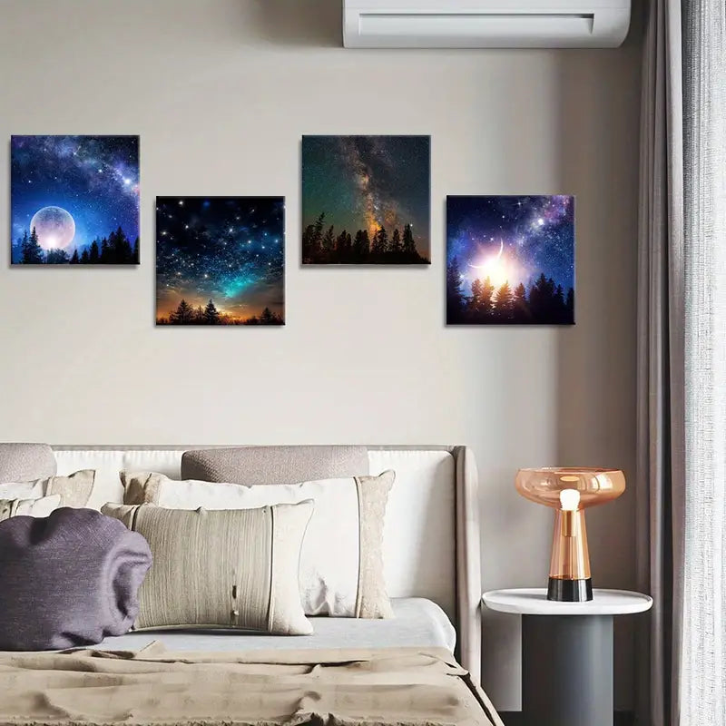 4pcs Starlit Sky   Full Moon  fm Wall Art Canvas Framed