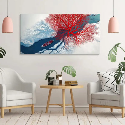 Red Modern Tree Blue River Wall Art canvas office home room framed 120x60cm - Bella Home Decor