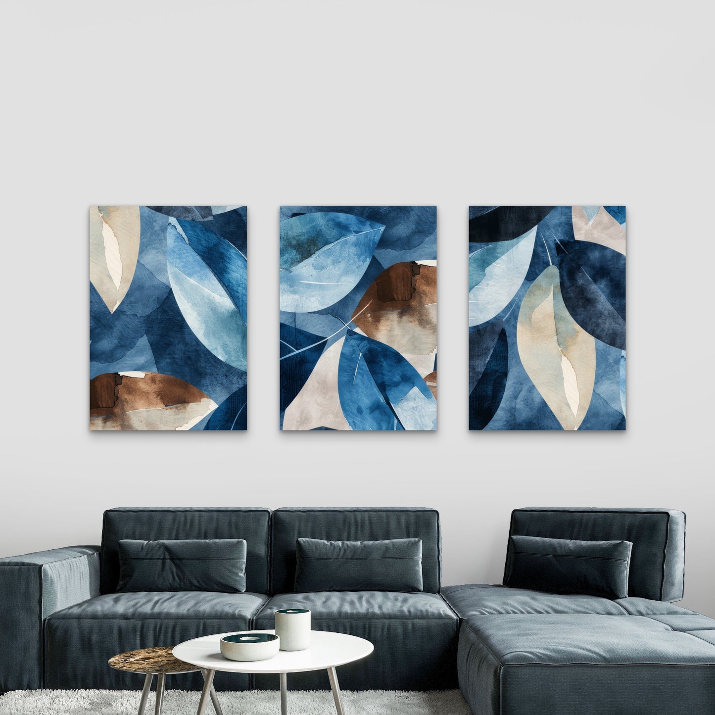 3pcs Abstract Navy Blue Beige Leaves    Wall Art Set Canvas Framed 40x60cm - High Quality Print 100% Australian Made Wall Canvas Ready to Hang