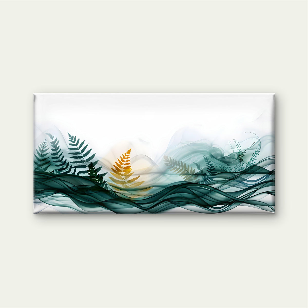 Golden Ferns Green Waves Wall Art Canvas Office Home Room Framed 120x60cm