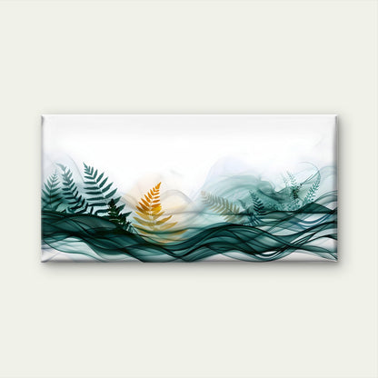 Golden Ferns Green Waves Wall Art Canvas Office Home Room Framed 120x60cm