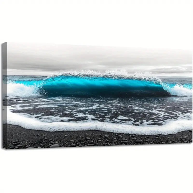 Modern Black and White Ocean Waves Seascape Blue Accents Wall Art canvas office home room framed 120x60cm - Bella Home Decor