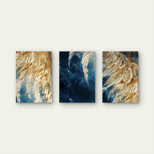 3pcs Navy Blue Gold Foil Feather Abstract    Wall Art Set Canvas Framed 50x70cm - High Quality Print 100% Australian Made Wall Canvas Ready to Hang