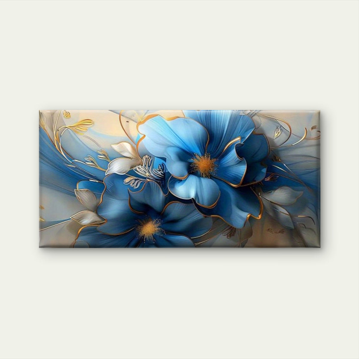 Blue Flowers With Gold Accents Wall Art Canvas Office Home Room Framed 120x60cm
