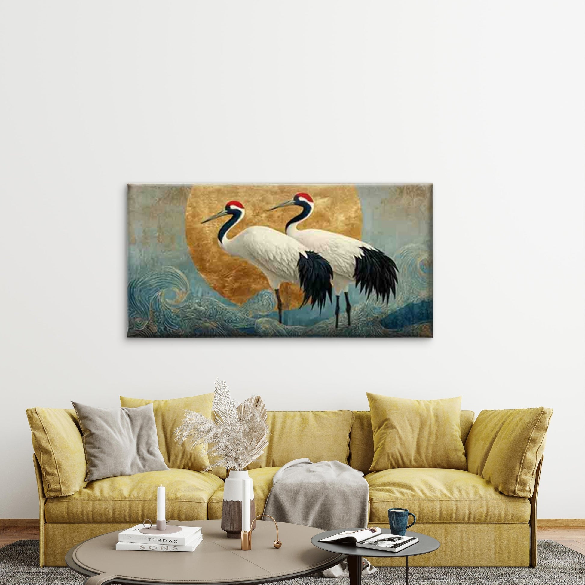 Crane & Wave Wall Art Canvas Office Home Room Framed 120x60cm - Bella Home Decor