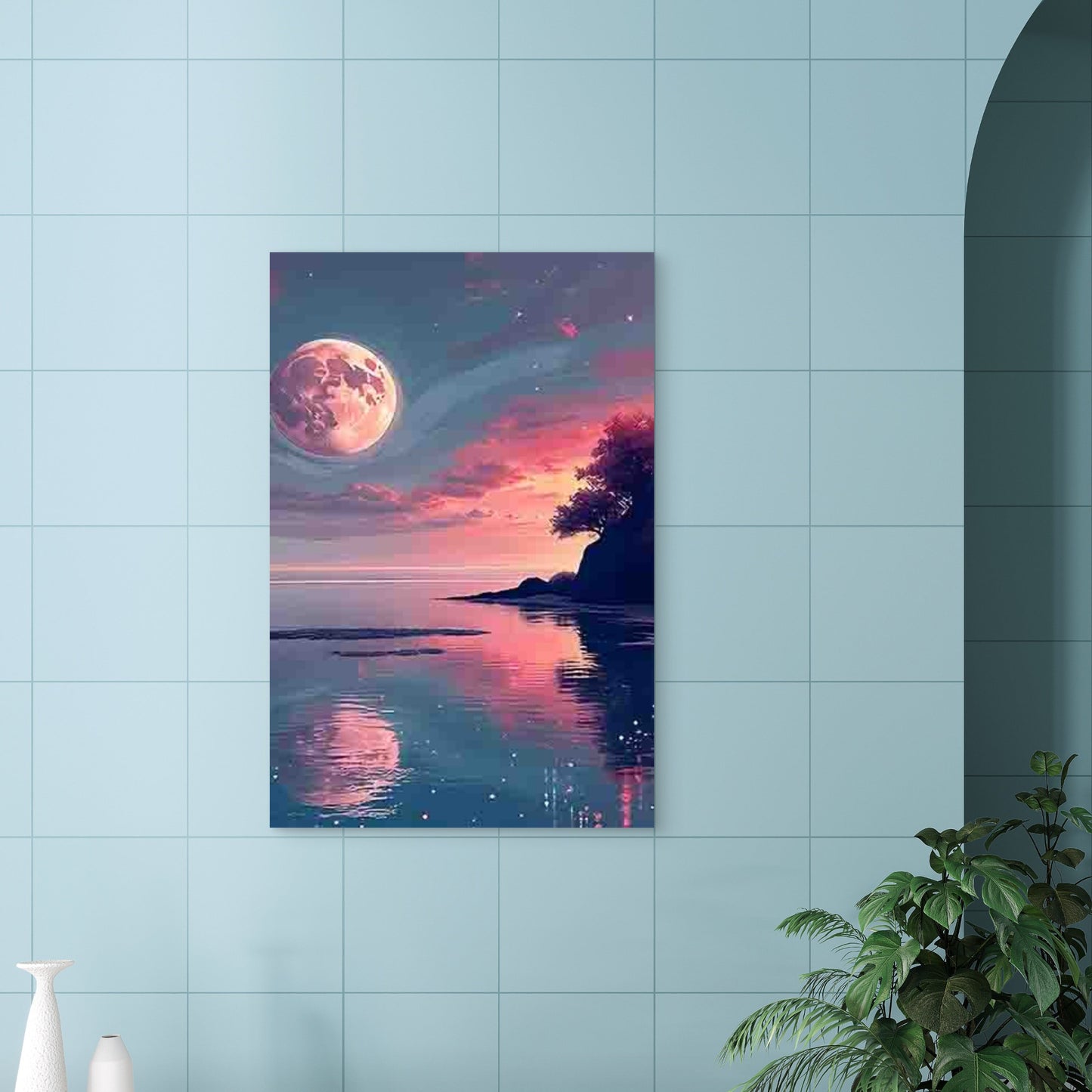 Pink and Purple Sky with Large Full Moon 40x60cm Metal Print Ready to Hang - Bella Home Decor
