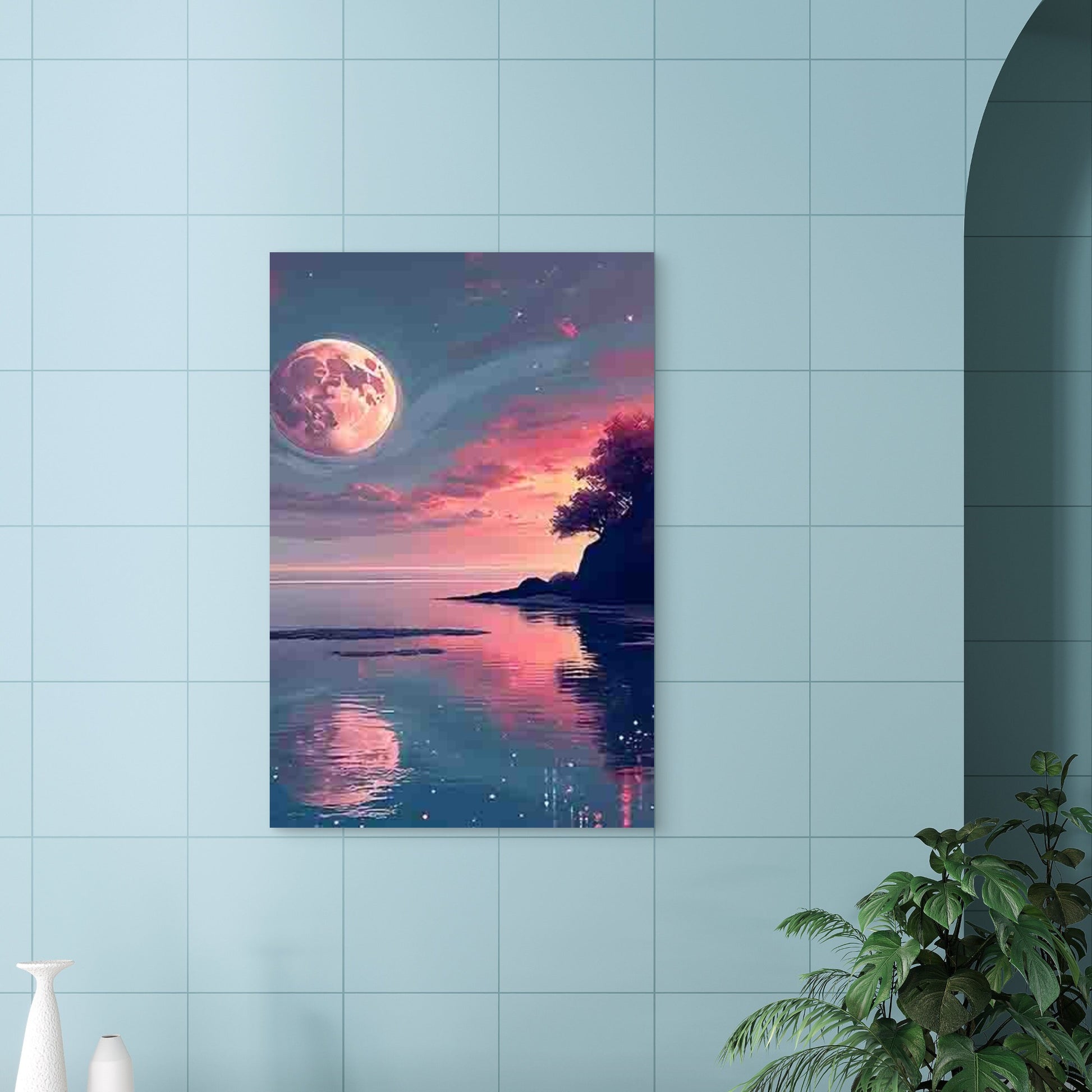 Pink and Purple Sky with Large Full Moon 40x60cm Metal Print Ready to Hang - Bella Home Decor
