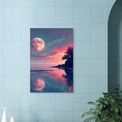 Pink and Purple Sky with Large Full Moon 40x60cm Metal Print Ready to Hang - Bella Home Decor