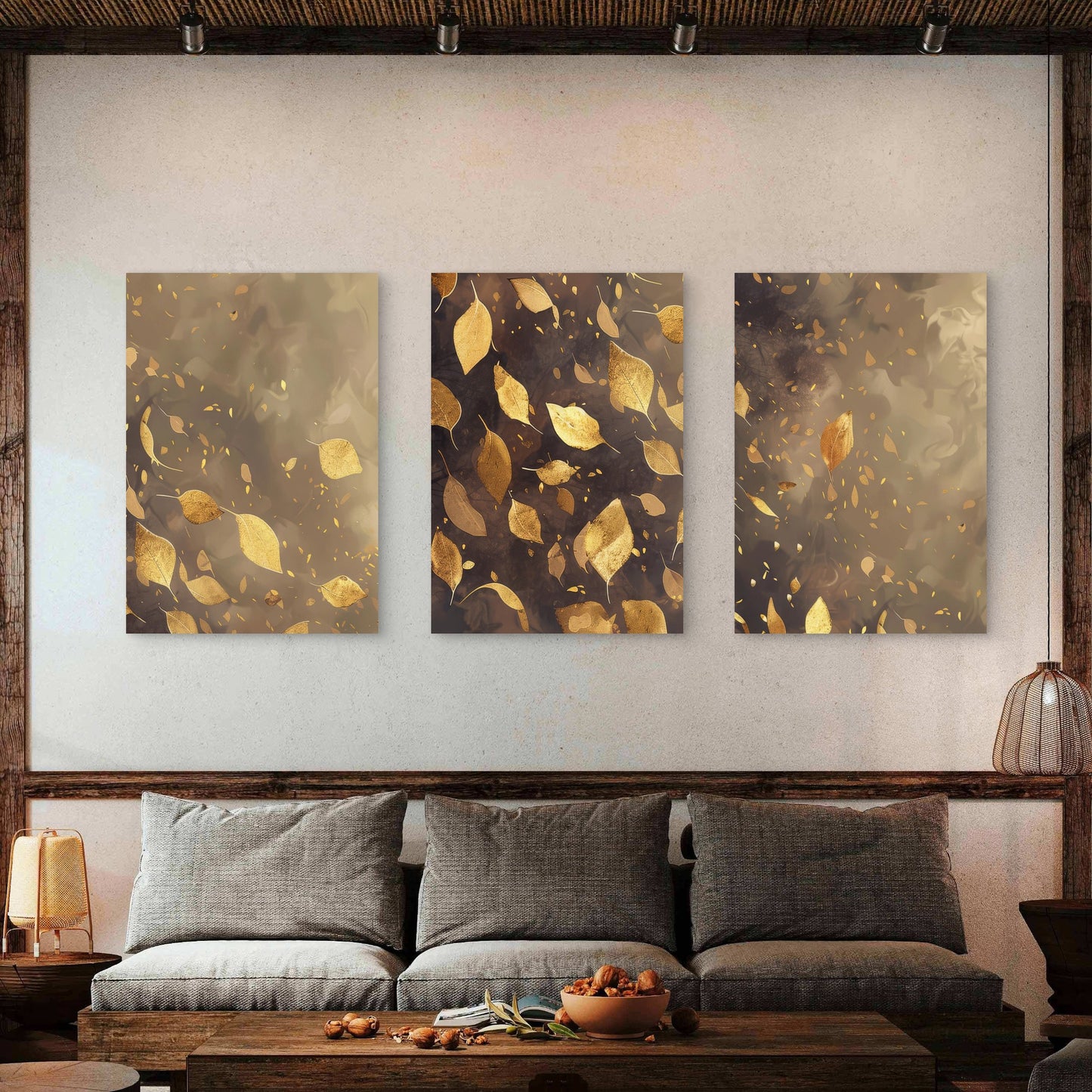 3pcs Gold Falling Leaves Autumn Brown Metal Print Ready to Hang Art