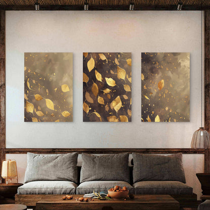 3pcs Gold Falling Leaves Autumn Brown Metal Print Ready to Hang Art