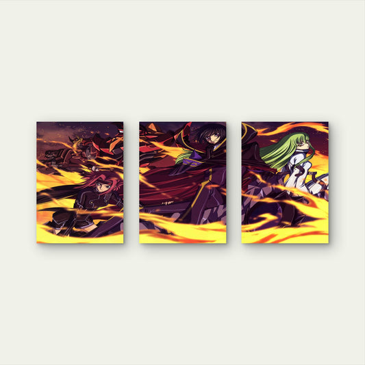 3pcs Anime Mecha Battlefield Fiery Orange & Purple Metal Print Ready to Hang Art