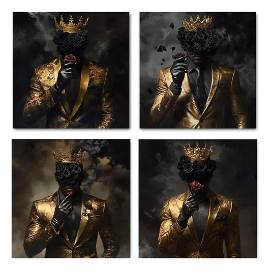 4pcs African American Fashion Crown & Roses Wall Art Canvas Framed