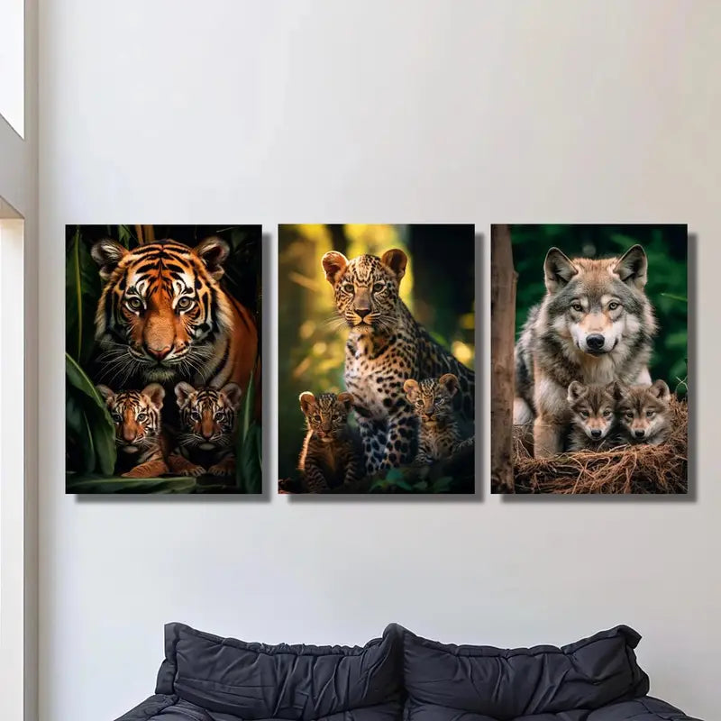3pcs Vibrant Tiger, Leopard & Wolf Family Portrait Metal Print Ready to Hang Art