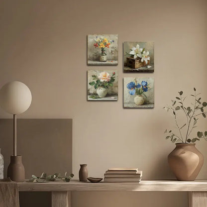 4pcs Garden - Artificial Flower Sign Wall Art Canvas Framed