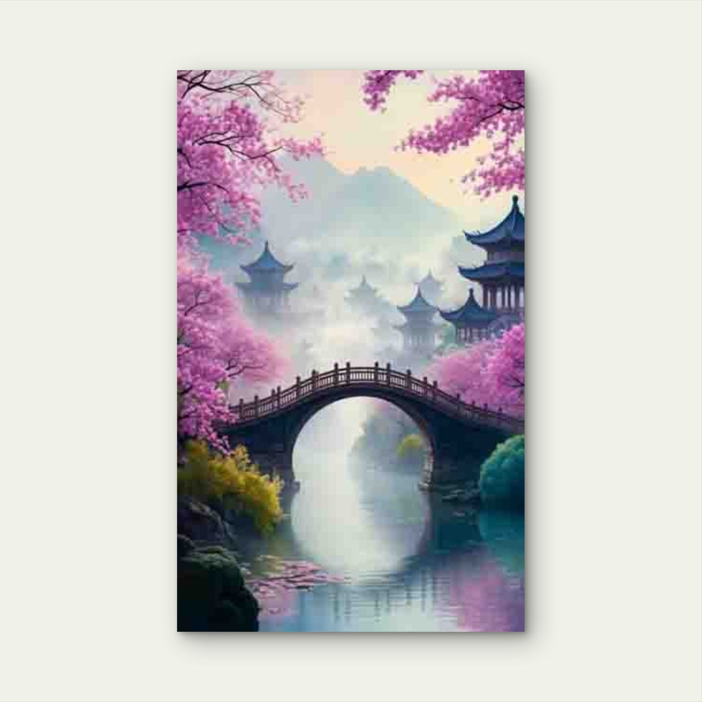 Cherry Blossom and Ancient Bridge Scenery Metal Print Ready to Hang