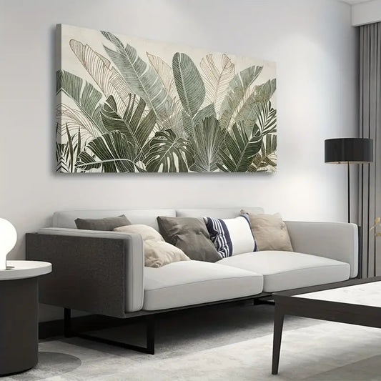 Green Leaf Tropical Plants Leaves Nature Botanical Wall Art canvas office home room framed 120x60cm - Bella Home Decor