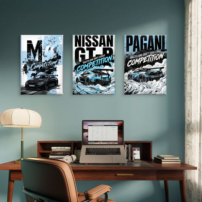 3pcs BMW M4 Nissan GTR Pagani Drift Supercar  Wall Art Set Canvas Framed 40x60cm - High Quality Print 100% Australian Made Wall Canvas Ready to Hang