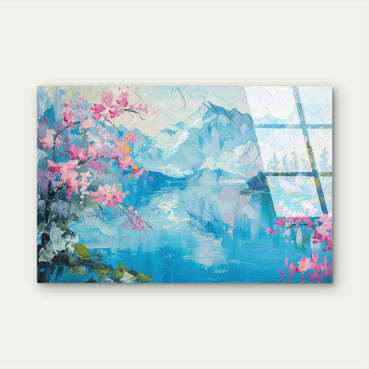 Mountain Lake Cherry Blossom Glass Printing Wall Art Australian Made Quality