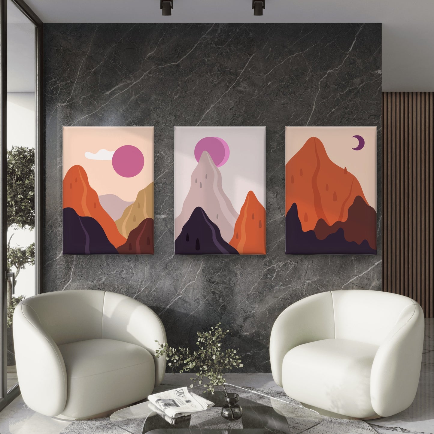 3pcs Abstract Mountain Hills Sun Moon Wall Art Set Canvas Framed 40x60cm - High Quality Print 100% Australian Made Wall Canvas Ready to Hang