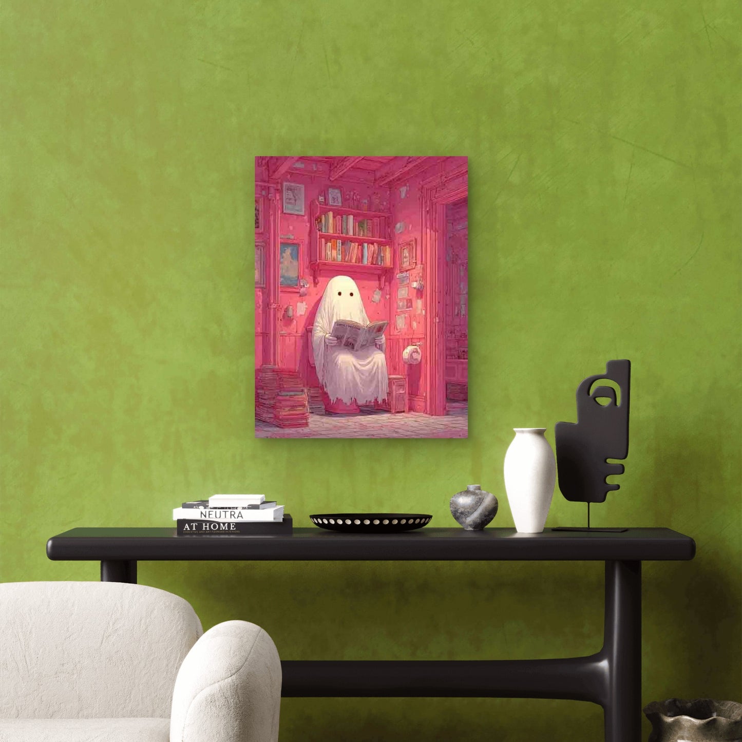 Spooky Cute Ghost Reading on Toilet Metal Print Ready to Hang