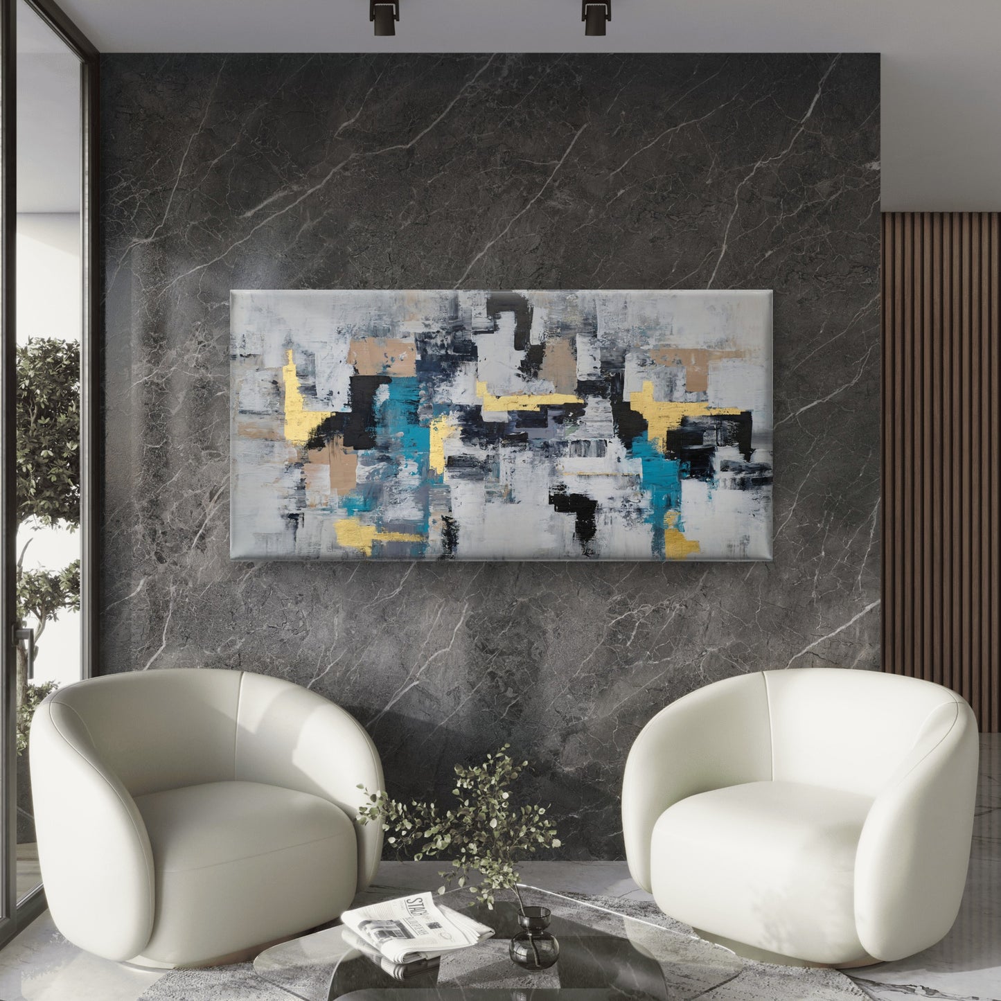 Teal Gold Palette Abstract Wall Art Canvas Office Home Room Framed 120x60cm