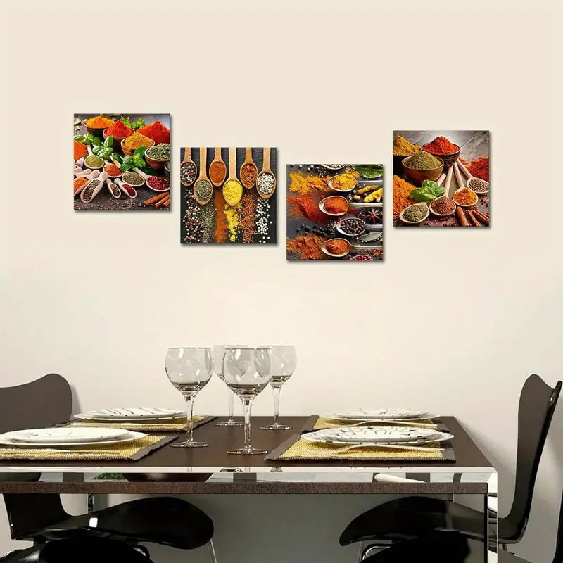 4pcs Vibrant Spice & Wooden Spoon Wall Art Canvas Framed