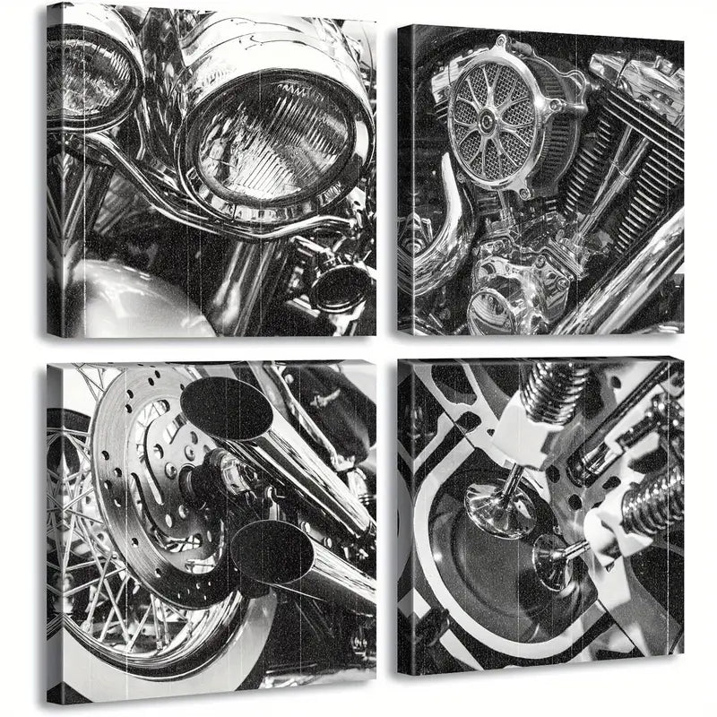4pcs Black And White Motorcycle Wall Art Wall Art Canvas Framed