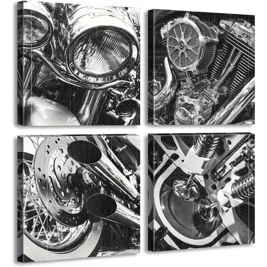 4pcs Black And White Motorcycle Wall Art Wall Art Canvas Framed