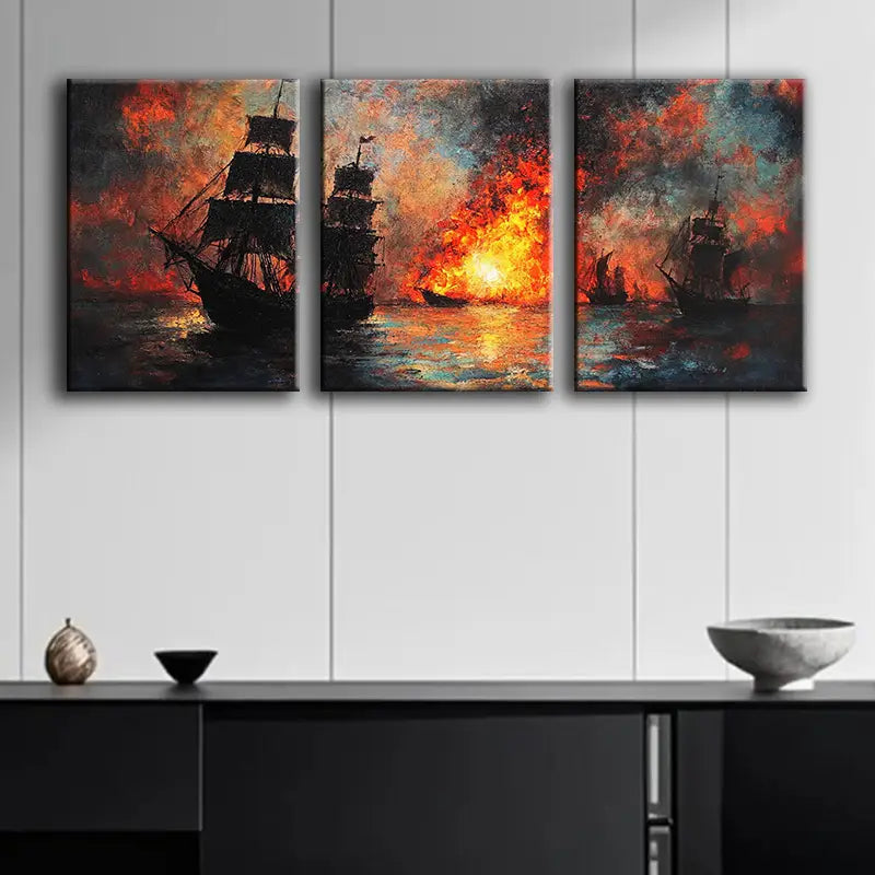 3pcs Burning Ship In Flames, Metal Print Ready to Hang Art - Bella Home Decor