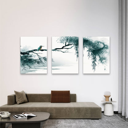3pcs Kingfisher Bird Japanese Ink Wash Wall Art Set Canvas Framed 60x90cm - High Quality Print 100% Australian Made Wall Canvas Ready to Hang - Bella Home Decor