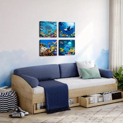 4pcs Marine Animals  Dolphin Pictures   Wall Art Canvas Framed - Bella Home Decor