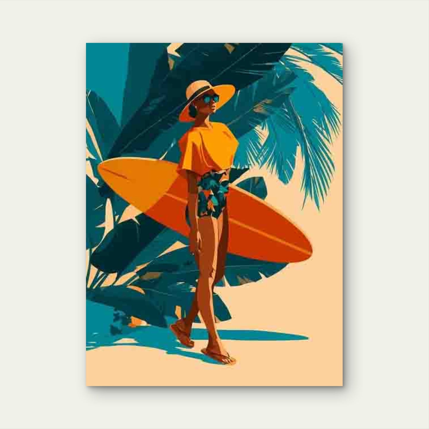 Abstract Surfing Woman Tropical Beach Metal Print Ready to Hang
