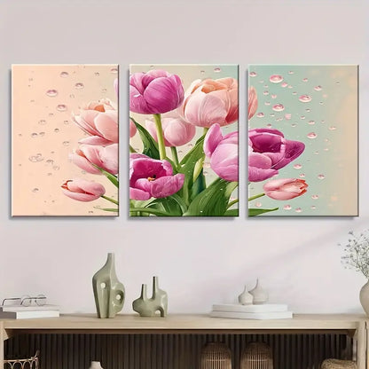 3pcs Pink Tulips Bouquet Metal Print Ready to Hang Art