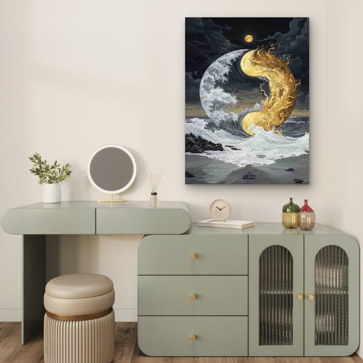 Yang Symbol with Ocean Waves & Golden Clouds 60x90cm Metal Print Ready to Hang - Bella Home Decor