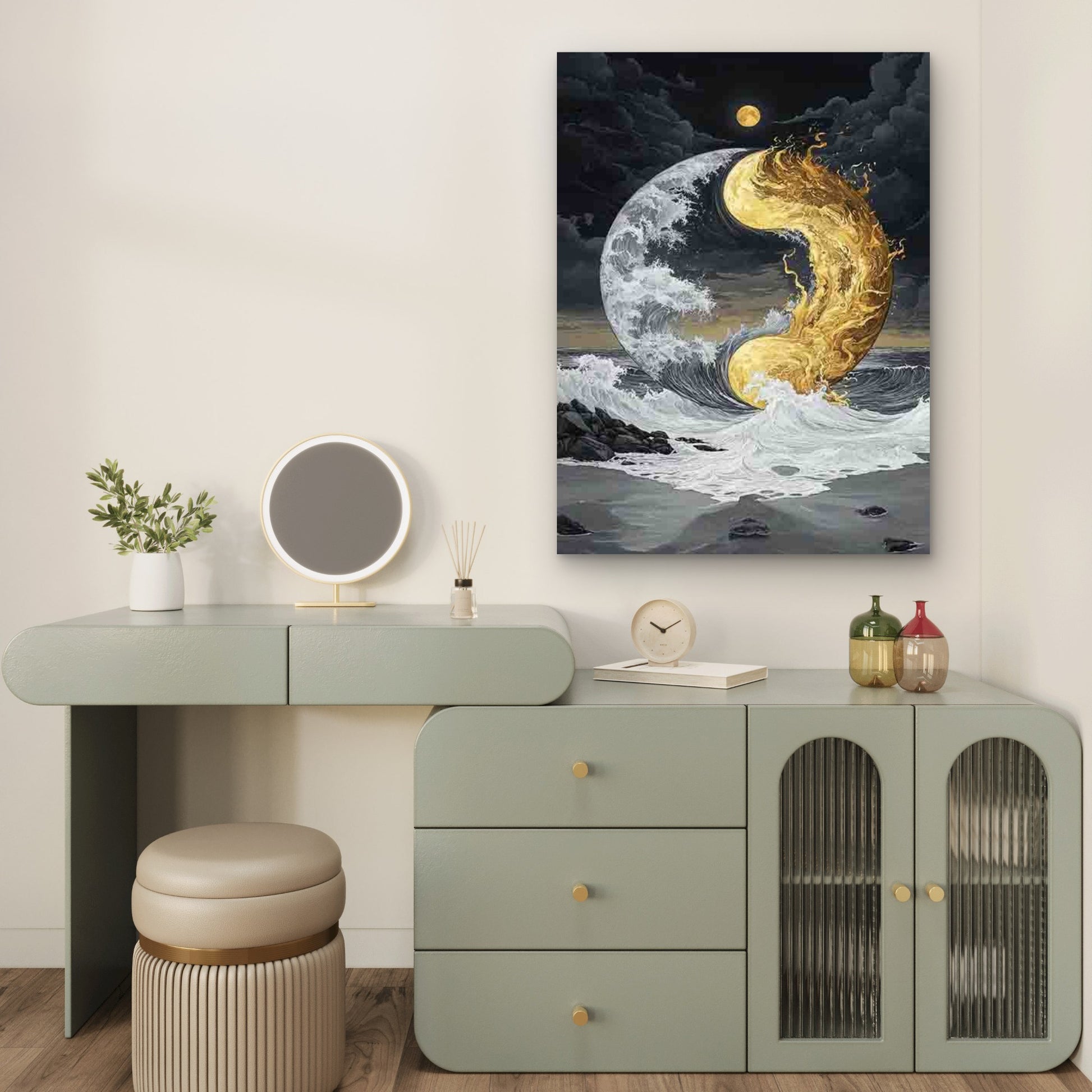 Yang Symbol with Ocean Waves & Golden Cloud 40x60cm Metal Print Ready to Hang - Bella Home Decor