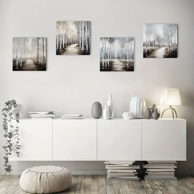4pcs Gray Birch Forest Poster Modern Wall Art Canvas Framed