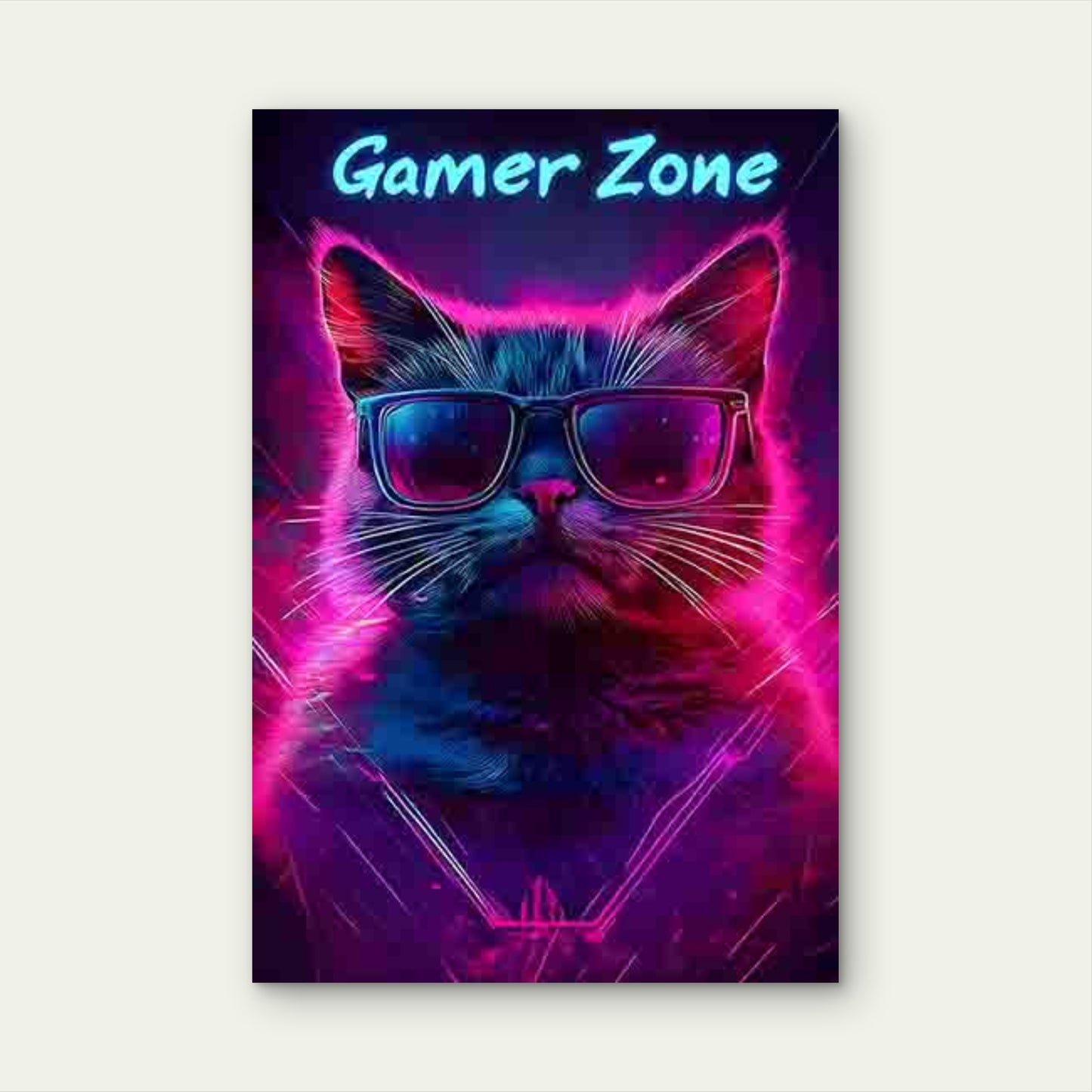 Cat Design Wearing Cool Glasses, Surrounded by Neon Light 60x90cm Metal Print Ready to Hang