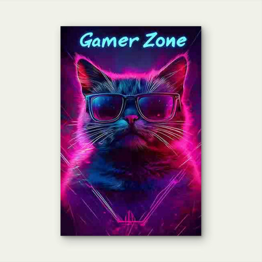Cat Design Wearing Cool Glasses, Surrounded by Neon Light 60x90cm Metal Print Ready to Hang