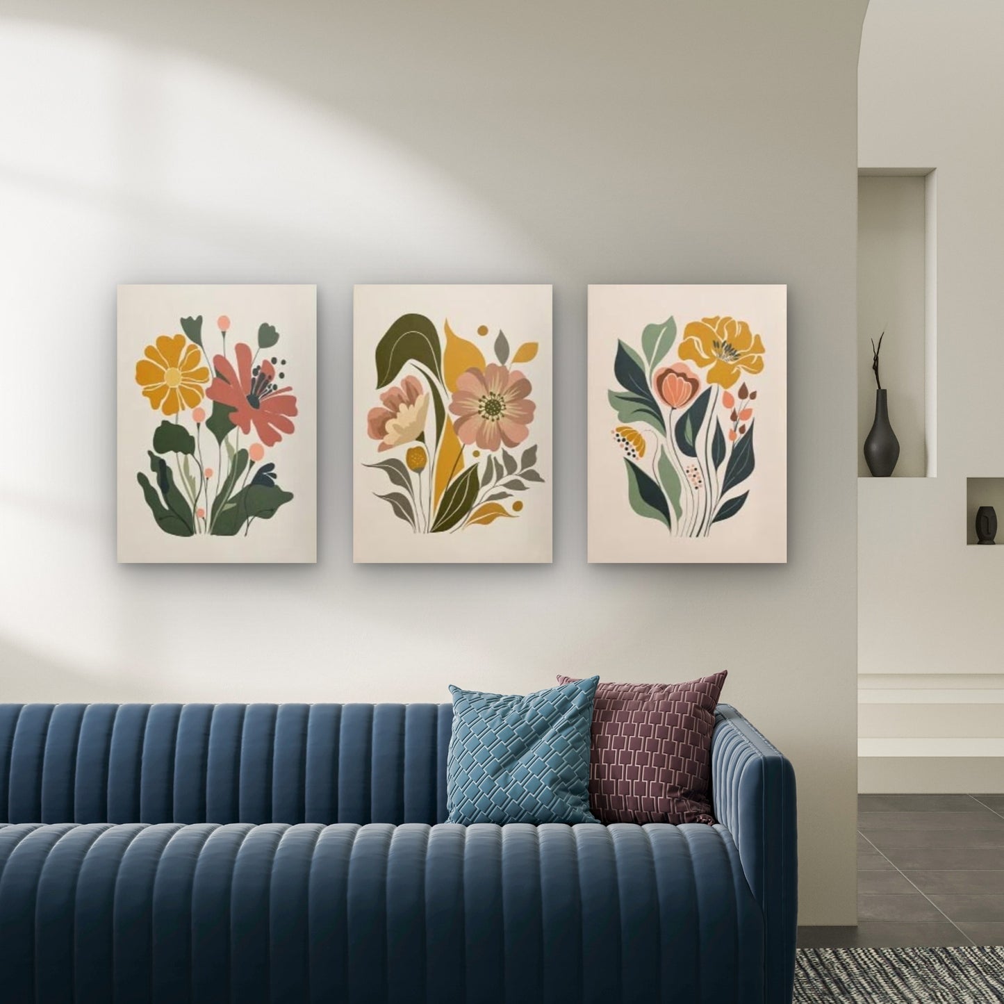 3pcs Retro Boho Floral Botanical Bouquet Wall Art Set Canvas Framed 60x90cm - High Quality Print 100% Australian Made Wall Canvas Ready to Hang - Bella Home Decor