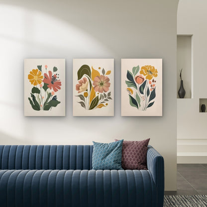 3pcs Retro Boho Floral Botanical Bouquet Wall Art Set Canvas Framed 50x70cm - High Quality Print 100% Australian Made Wall Canvas Ready to Hang - Bella Home Decor