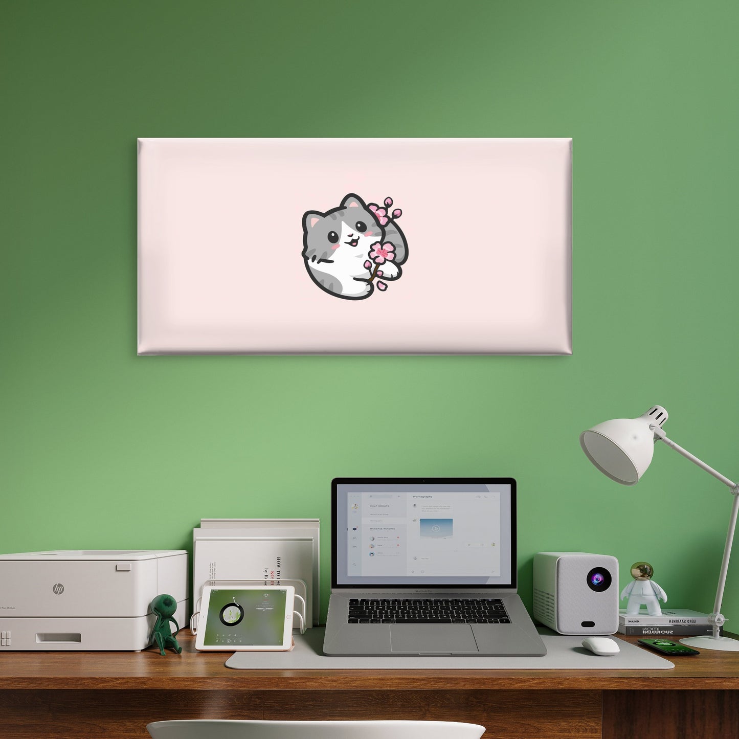 Cute Pastel Cat Blossom Wall Art Canvas Office Home Room Framed 120x60cm