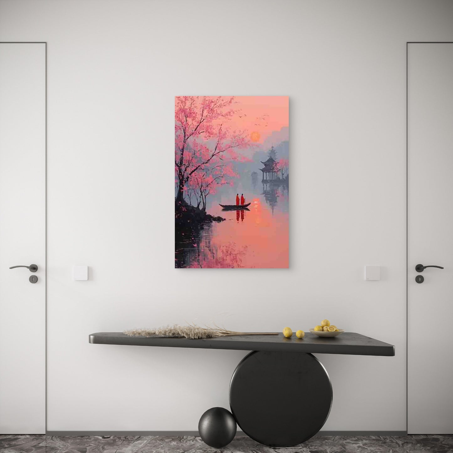Japanese-Inspired Serene Sunset on Lake 60x90cm Metal Print Ready to Hang