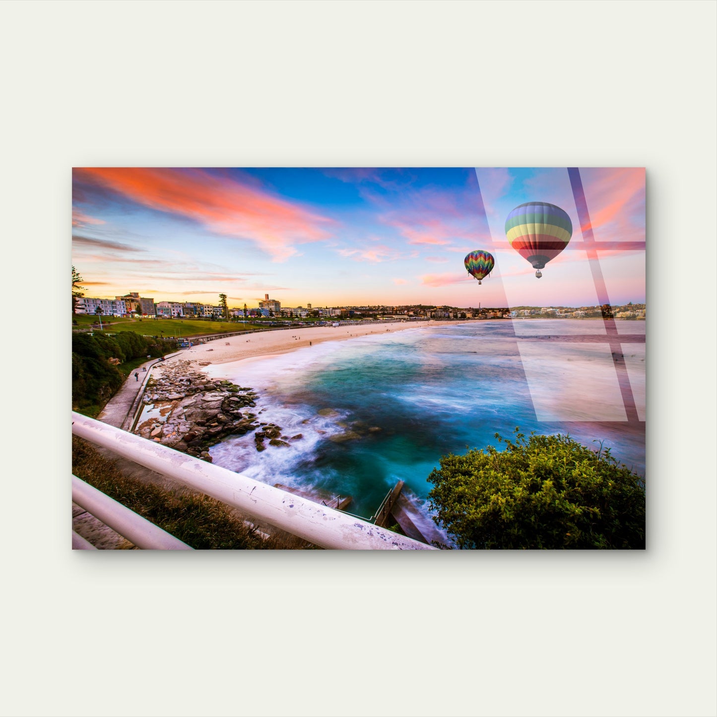 Hot Air Balloon Over Bondi Beach Sunset  Acrylic Glass Printing Wall Art Australian Made Quality