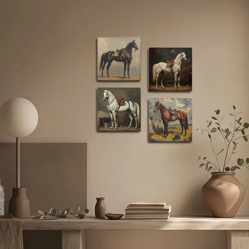 4pcs Horse Black,White And Brown Wall Art Canvas Framed - Bella Home Decor