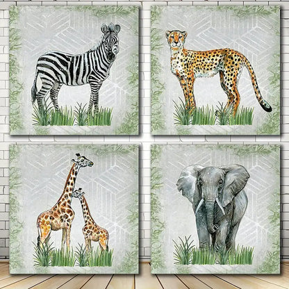 4pcs Retro Elephant With Zebra Green Plants Wall Art Canvas Framed - Bella Home Decor