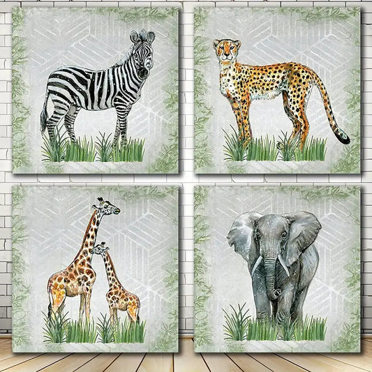 4pcs Retro Elephant With Zebra Green Plants Wall Art Canvas Framed