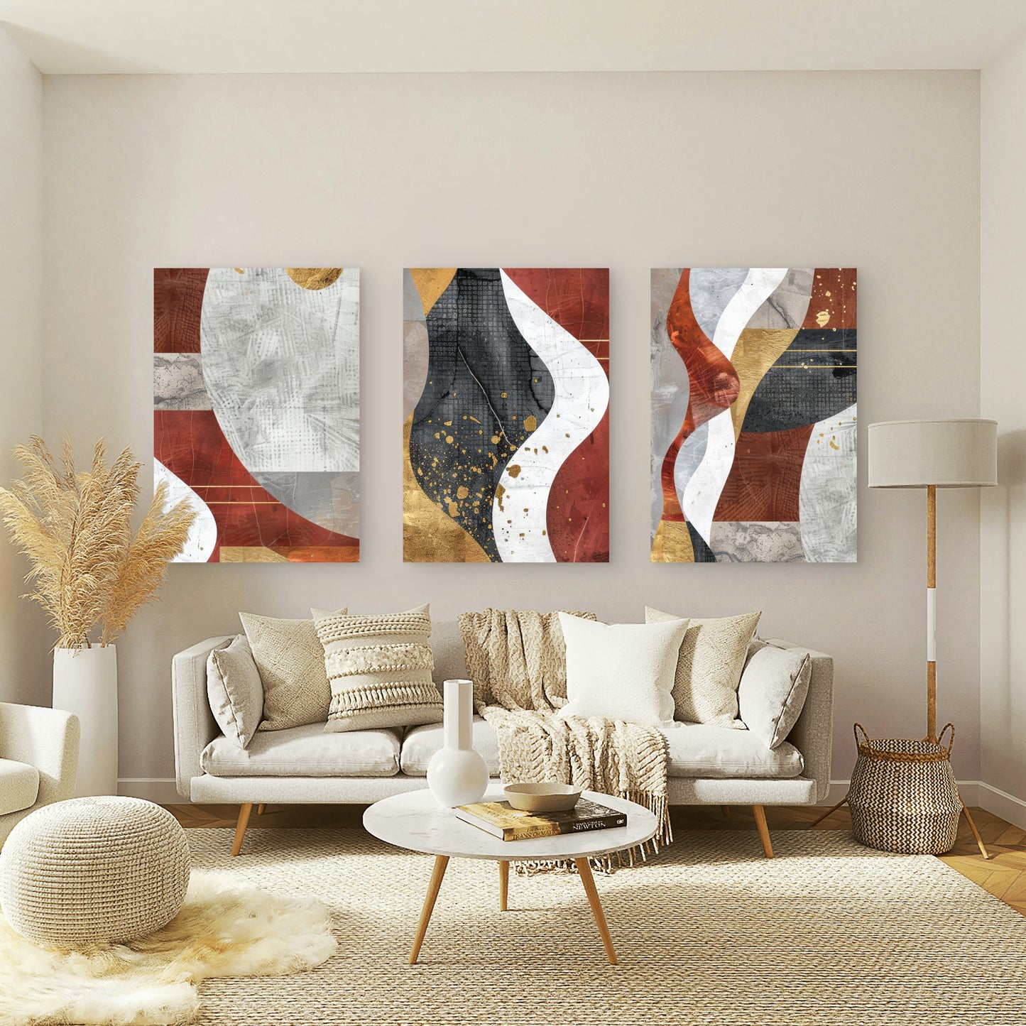 3pcs Modern Abstract Wavy Terracotta Gold   Wall Art Set Canvas Framed 40x60cm - High Quality Print 100% Australian Made Wall Canvas Ready to Hang